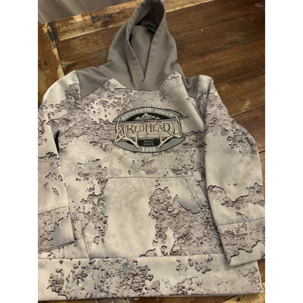RedHead Brand Co Kids Snow Camo Hoodie Fleece Sweatshirt Grey Antler Logo Size 8